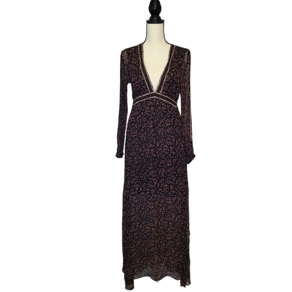 Ecote Dress Black Sheer Maroon Floral Print Split Long Sleeve V Neck Maxi Size S - Picture 1 of 12